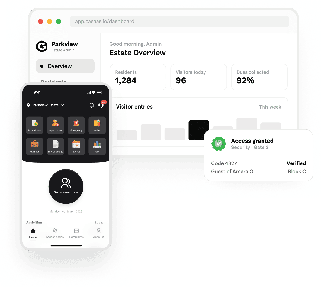 Casaas admin dashboard and resident mobile app preview